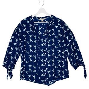 41 Hawthorn Shirt L Blue Hummingbird Print Polyester 3/4 Sleeve Popover Blouse